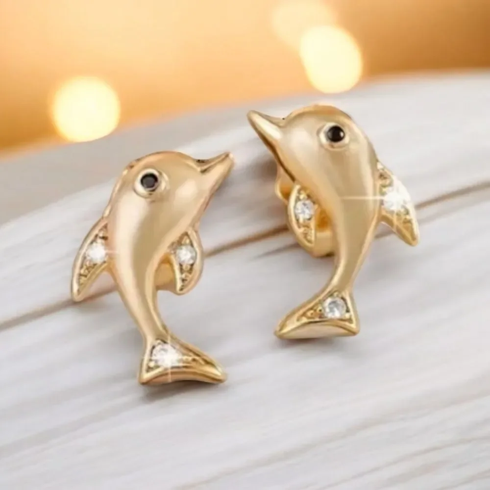 Dolphin Stud Earrings 14K Gold Plated CZ Sea World Nautical Ocean Marine Jewelry